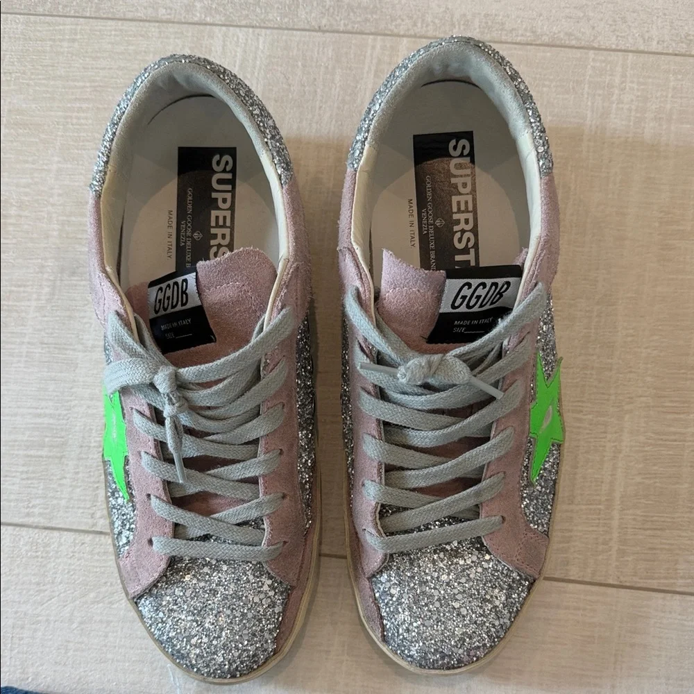 Golden Goose Glitter Sneakers with Green Star Accent - Picture 2 of 5